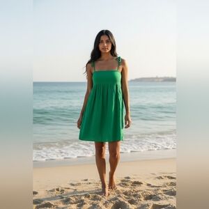 Linen & Life Green Linen Babydoll Mini Dress Size 10 Bow Straps Tropical Luxury